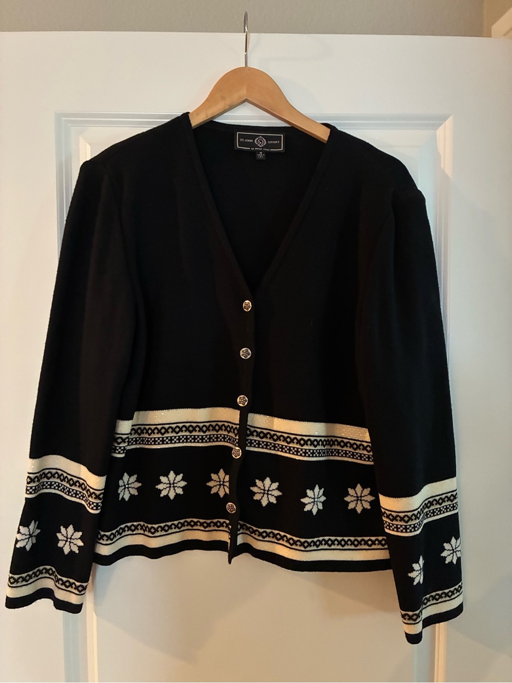 St. John Sport by Marie Gray Black and Cream Patterned V-Neck Cardigan